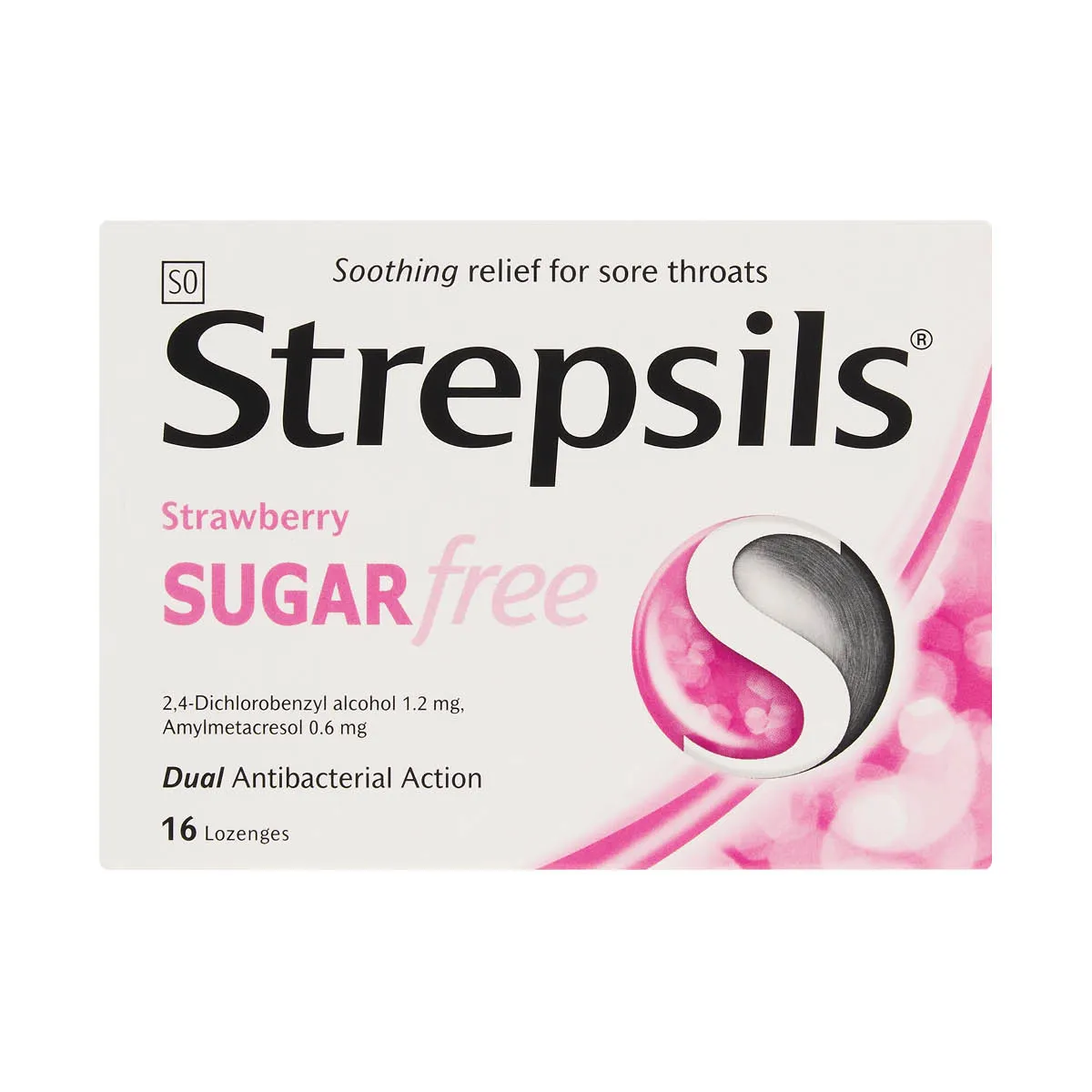 Strepsils Strawberry Sugar Free 16s lozenges pack